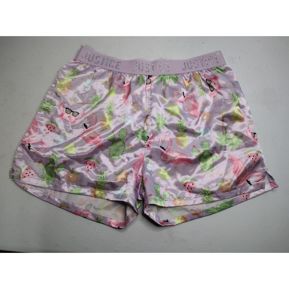 Justice Girls Lavender Tropical Flamingo Satin Pajama Shorts Size 14/16 Glitter